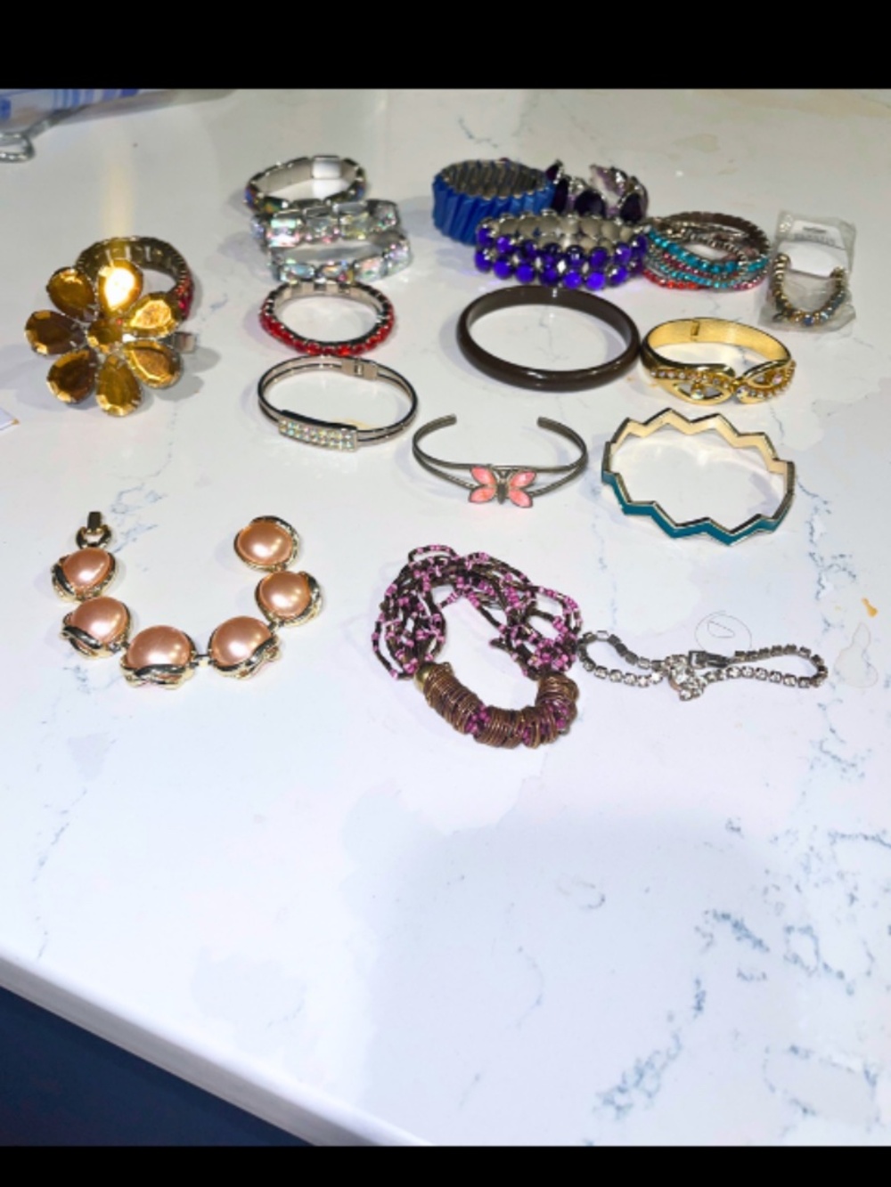 Vintage Costume Bracelet Lot of 25 Mixed Stretch Bangles Cuffs Rhinestone 80s 90